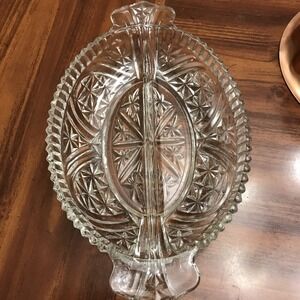 Pressed glass celery Relish divided 10 Inch tray dish handles Set Of‎ 3